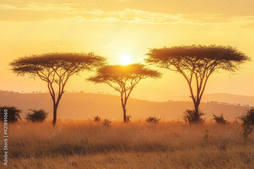 A breathtaking sunset casting golden light over majestic acacia trees in a serene landscape, evoking tranquility and beauty. A breathtaking sunset casting golden light over majestic acacia trees in a serene landscape, evoking tranquility and beauty.