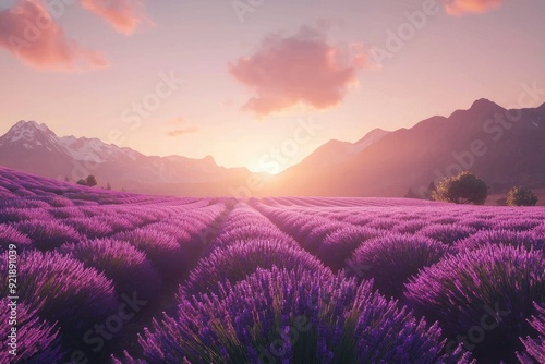 Vibrant lavender field at sunset, showcasing stunning purple hues and majestic mountains in the background, creating a serene landscape.