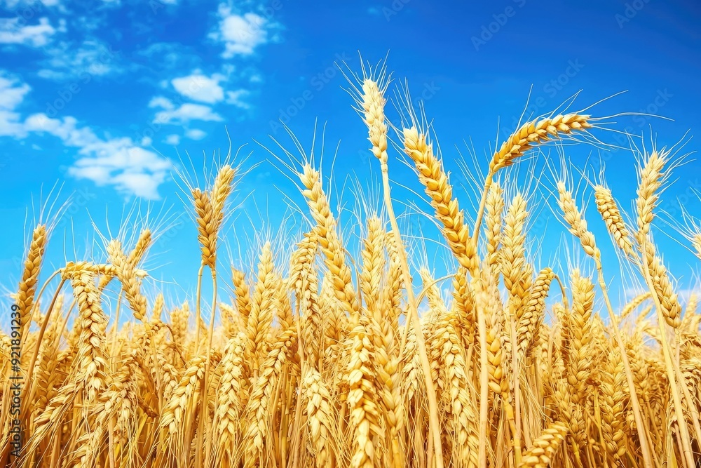 Golden wheat field under a bright blue sky with fluffy clouds, showcasing the beauty of nature and agriculture. Golden wheat field under a bright blue sky with fluffy clouds, showcasing the beauty of nature and agriculture.