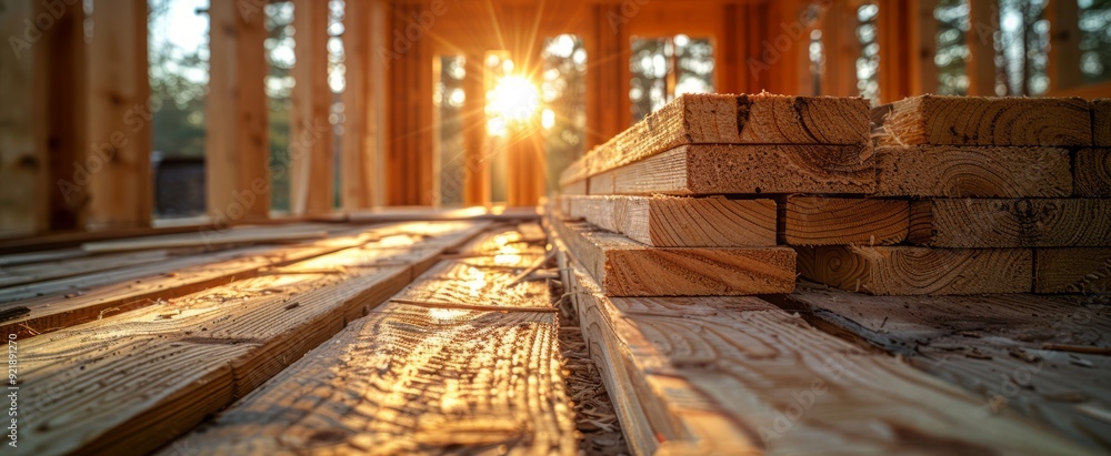 Wooden planks and beams are stacked on the floor of a construction site, illuminated by the warm glow of the sunset Wooden planks and beams are stacked on the floor of a construction site, illuminated by the warm glow of the sunset