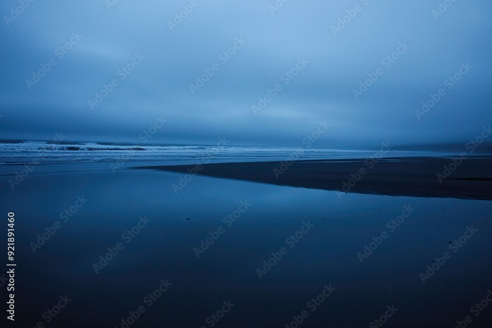 A serene seascape featuring a tranquil beach at twilight with moody blue tones reflecting on the calm water surface. A serene seascape featuring a tranquil beach at twilight with moody blue tones reflecting on the calm water surface.