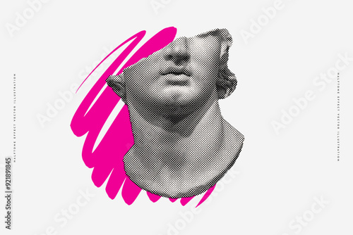 Chipped head of an antique statue with halftone effect. Monochrome image of a Greek god and a bright pink chaotic line.