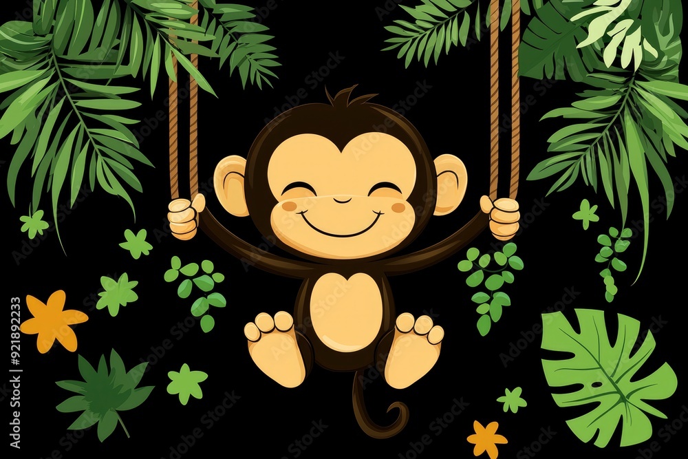 Naklejka premium Cute Cartoon Monkey Swinging On Vine In Jungle
