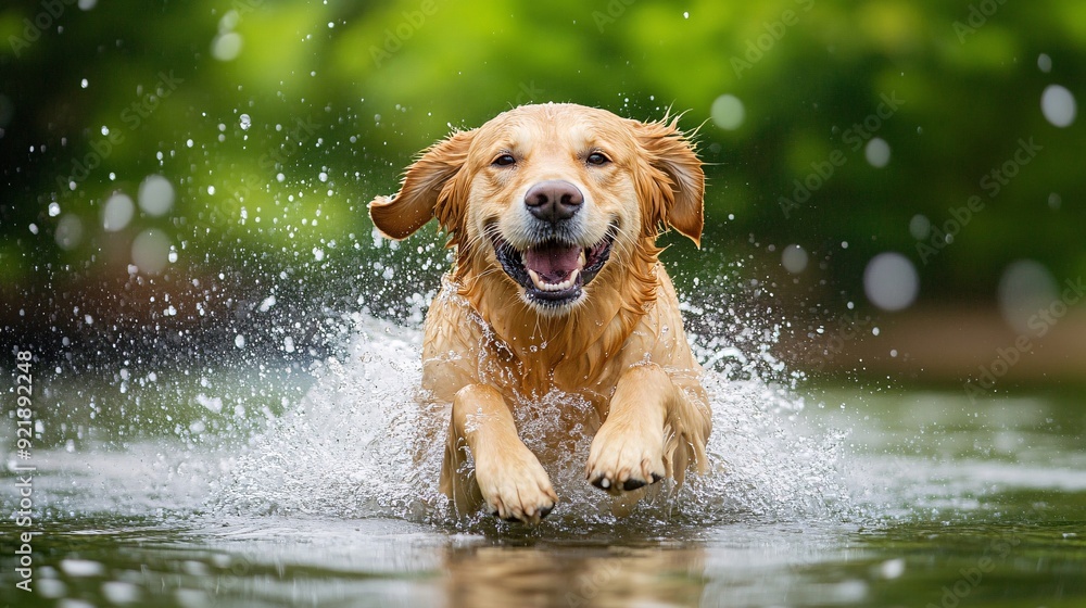 A golden retriever enjoying a splash in a lake water droplets glistening as it shakes off with a smile A golden retriever enjoying a splash in a lake water droplets glistening as it shakes off with a smile