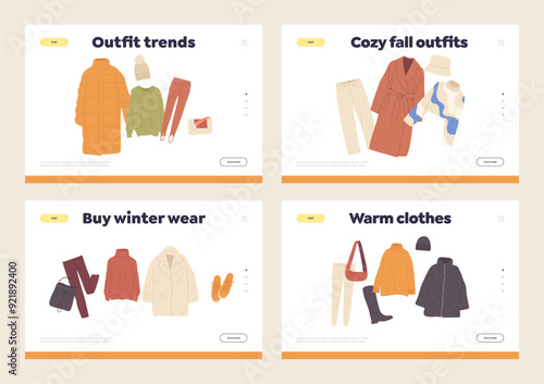 Isolated landing page set for online shopping service and elegant style selection recourse