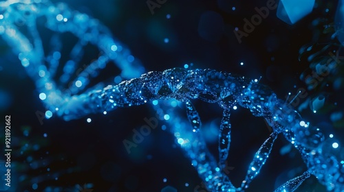 A close-up view of a DNA double helix structure, glowing in blue tones, evoking a sense of wonder and scientific exploration. 