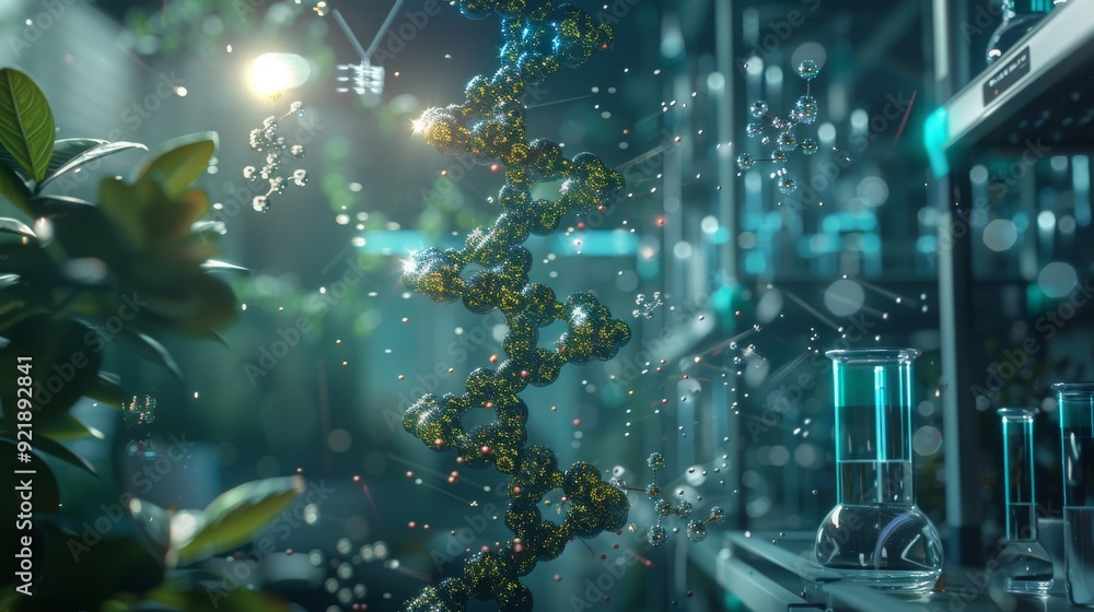 Naklejka premium A vibrant depiction of a DNA double helix surrounded by bubbles and laboratory equipment, evoking a sense of scientific discovery and innovation. 