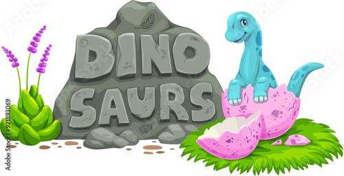 Prehistoric cartoon dino in eggshell. Isolated cute vector newborn sauropod baby dinosaur hatching from the broken egg shell and font on stone plate. Cute Jurassic era reptile for kids game or book