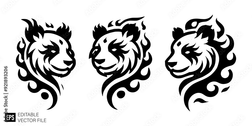 Naklejka premium tribal panda tattoo Black and White Vector Silhouette Illustrations Clip Art Graphic Design Elements