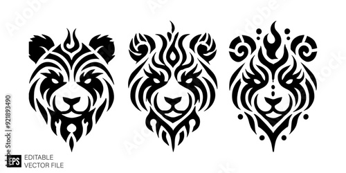 tribal panda tattoo Black and White Vector Silhouette Illustrations Clip Art Graphic Design Elements