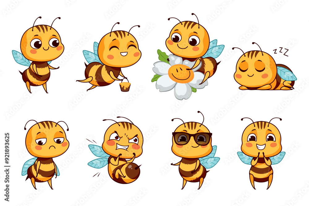 Cute honey bees collection. Vector illustration