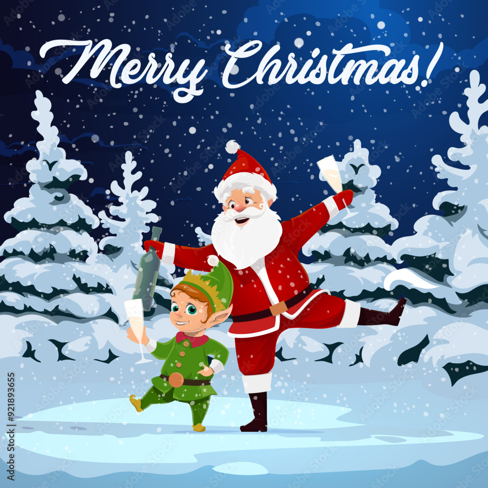 Cartoon Christmas Santa and elf with glasses of champagne wine and bottle. Drunk Santa Claus and Xmas helper vector characters dancing with alcohol drink at Christmas holiday party in winter forest Cartoon Christmas Santa and elf with glasses of champagne wine and bottle. Drunk Santa Claus and Xmas helper vector characters dancing with alcohol drink at Christmas holiday party in winter forest