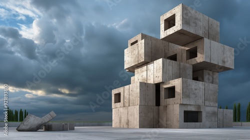 A striking modern sculpture made of concrete blocks stands tall against a backdrop of dark, dramatic clouds, creating an impressive focal point in the open landscape