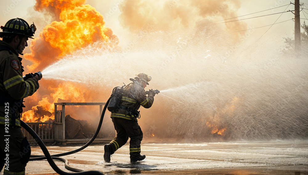 Obraz premium A firefighter battles a blazing fire with a pressurized hose, creating a dramatic scene with water slicing through smoke, flames, and dynamic motion.