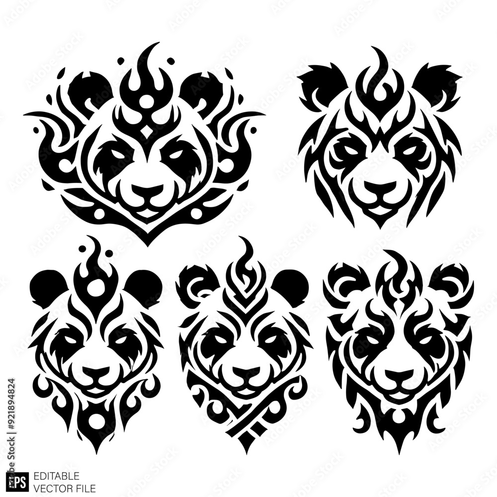 set of tribal flame panda head vector illustration black and white silhouette graphic design template set of tribal flame panda head vector illustration black and white silhouette graphic design template