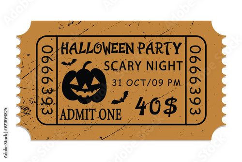 Halloween Party. Festive and spooky ticket for the Halloween celebration with bats and pumpkin. Retro holiday ticket design.