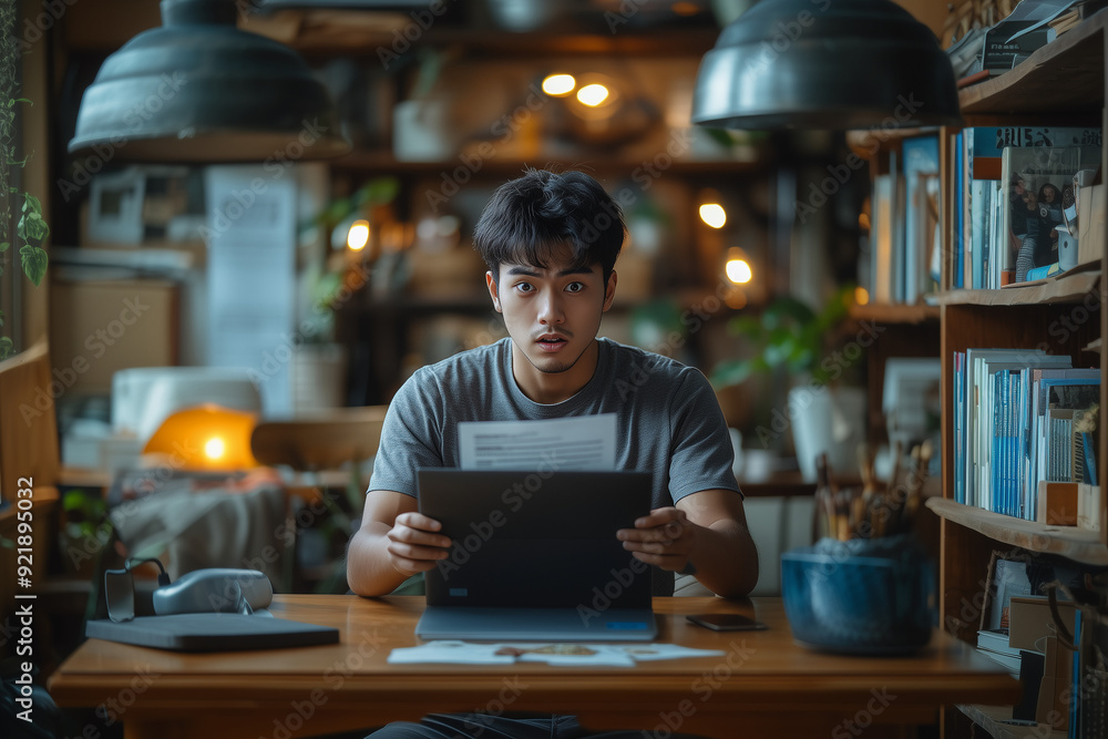Fototapeta premium A man is sitting at a desk with a laptop open in front of him. He is looking at the screen with a serious expression on his face. The room is dimly lit