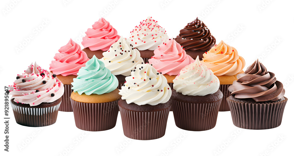 cupcakes with cream and chocolate and different flavors isolated on white transparent png. cupcakes with cream and chocolate and different flavors isolated on white transparent png.
