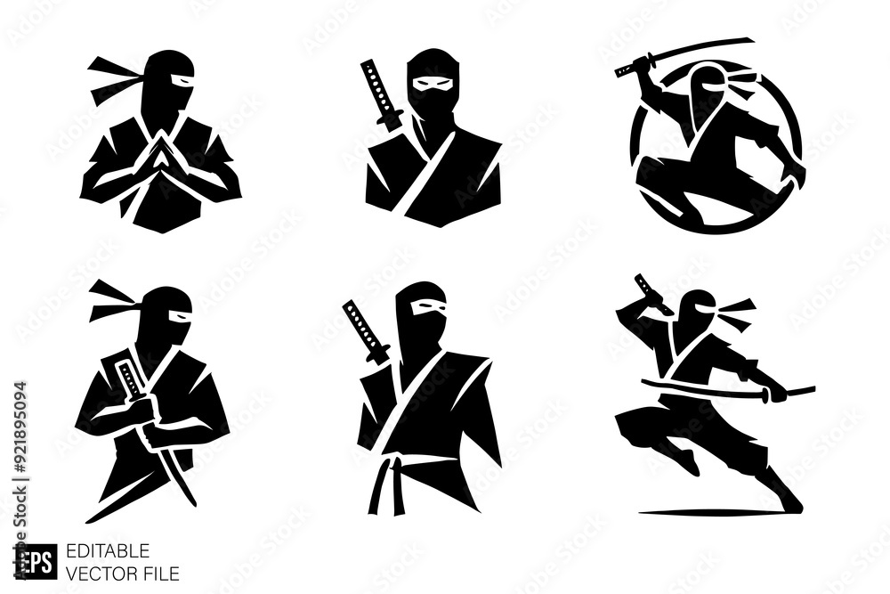 set of ninja logo vector illustration black and white silhouette graphic design template set of ninja logo vector illustration black and white silhouette graphic design template