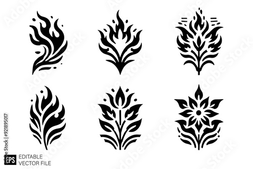 set of flower tribal flame tattoo vector illustration black and white silhouette graphic design template
