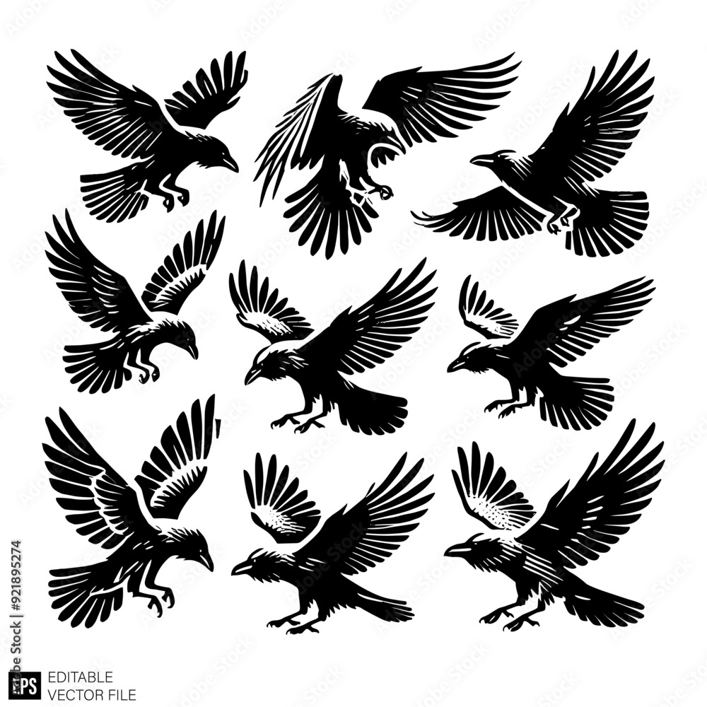 set of raven vector illustration black and white silhouette graphic design template set of raven vector illustration black and white silhouette graphic design template