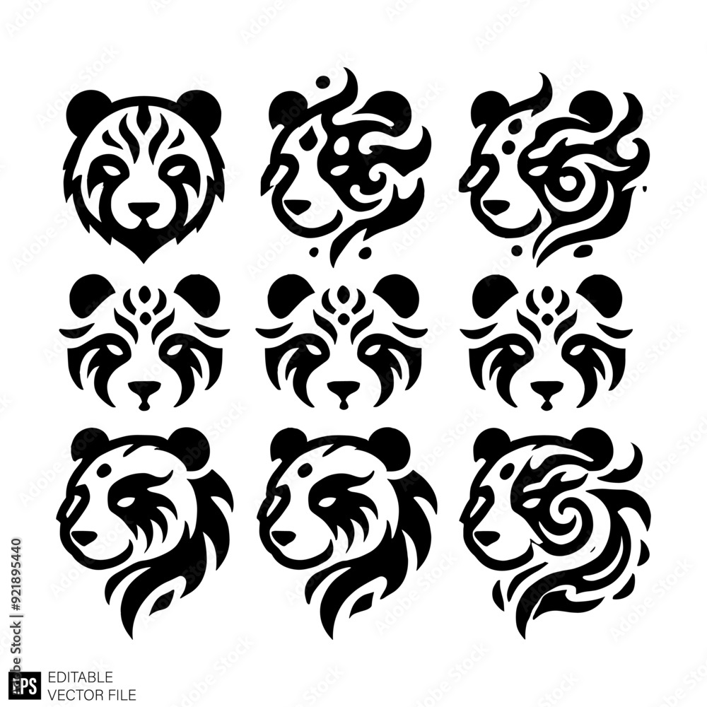 Fototapeta premium set of tribal flame panda head vector illustration black and white silhouette graphic design template
