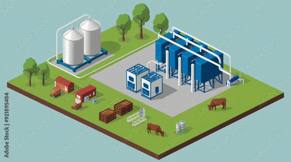 Isometric modern biogas plant Isometric modern biogas plant