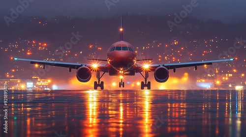 Airplane departure from the ground, flying up in the air on an airport during the evening or night