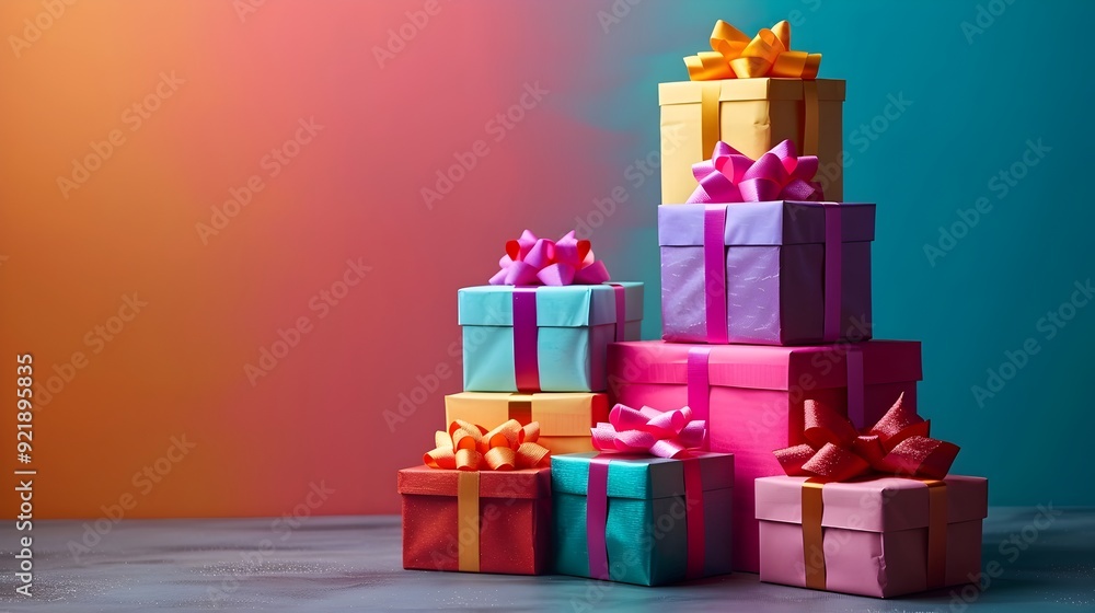 Fototapeta premium Vibrant and Festive Stack of Colorful Gift Boxes with Ribbons
