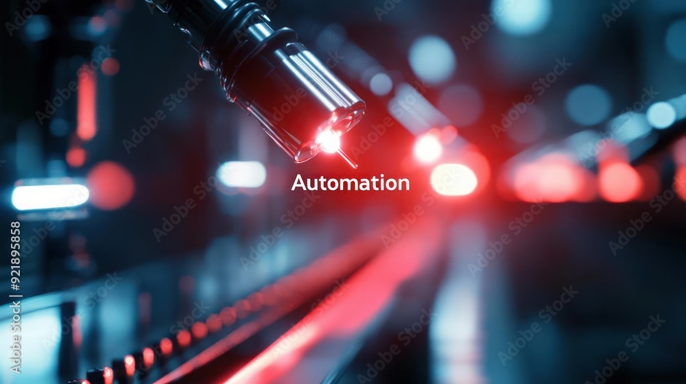 Fototapeta premium Robotic factory assembly line, the word 