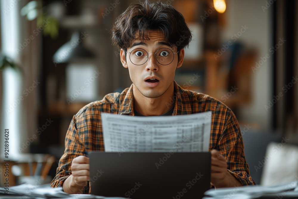A man with glasses is looking at a piece of paper with a surprised expression on his face. He is holding a laptop in front of him A man with glasses is looking at a piece of paper with a surprised expression on his face. He is holding a laptop in front of him