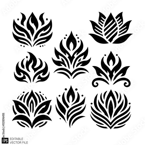 set of flower tribal flame tattoo vector illustration black and white silhouette graphic design template