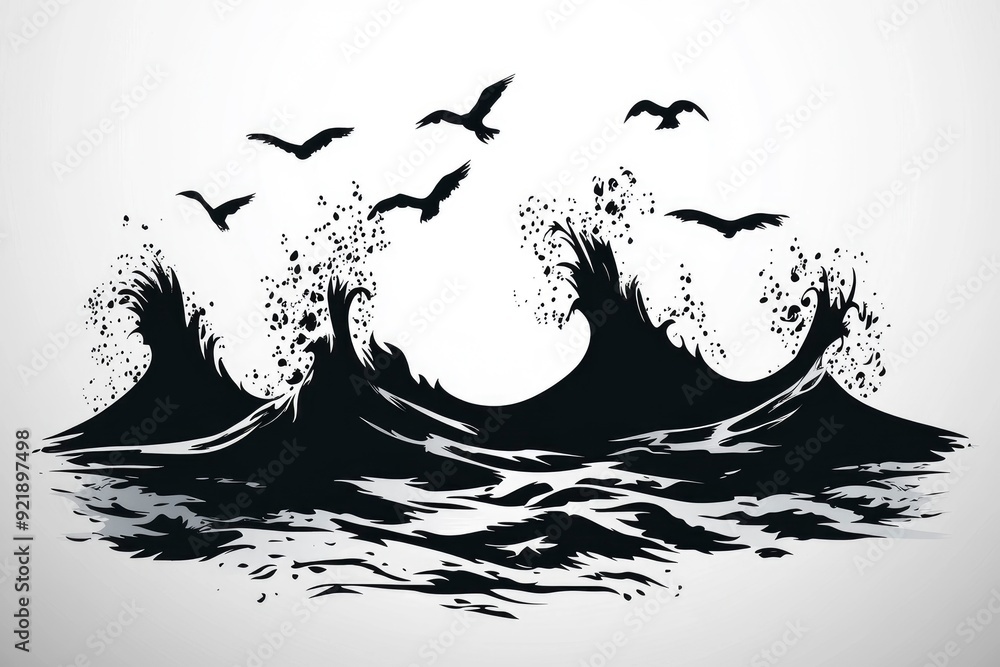 Obraz premium Silhouette of Ocean Waves with Birds Flying Over