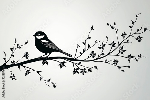 Silhouette of a bird on a branch with flowers