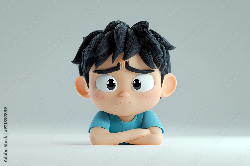 Thinking upset sad bored asian cartoon character young boy person portrait in 3d style design on light background. Human people feelings expression concept Thinking upset sad bored asian cartoon character young boy person portrait in 3d style design on light background. Human people feelings expression concept