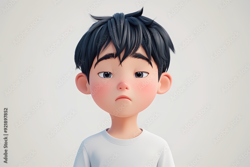 Thinking upset sad bored asian cartoon character young boy person portrait in 3d style design on light background. Human people feelings expression concept Thinking upset sad bored asian cartoon character young boy person portrait in 3d style design on light background. Human people feelings expression concept