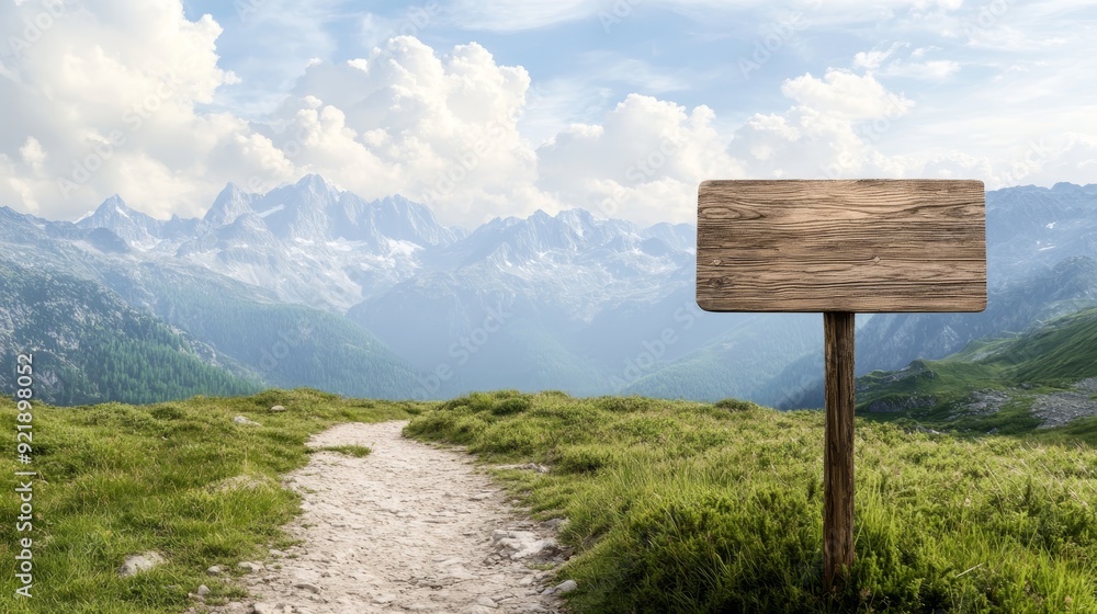 A wooden signpost stands on a path leading to a mountain range. The sky is blue with fluffy clouds. Photo is perfect for travel, adventure, or nature themes. A wooden signpost stands on a path leading to a mountain range. The sky is blue with fluffy clouds. Photo is perfect for travel, adventure, or nature themes.