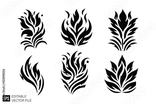 set of flower tribal flame tattoo vector illustration black and white silhouette graphic design template