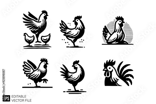 set of chicken vector illustration black and white silhouette graphic design template