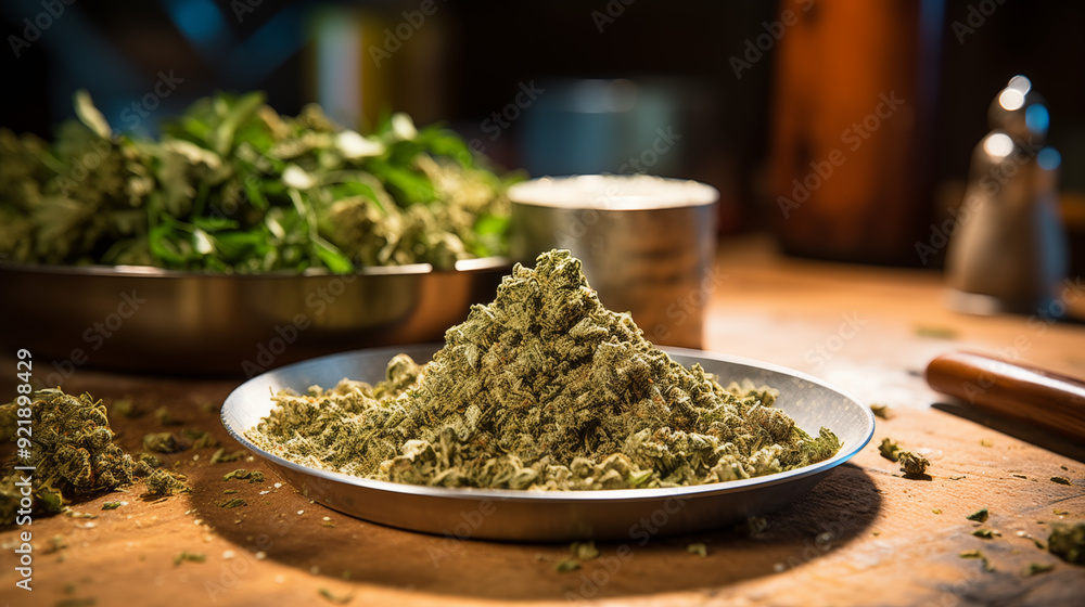 Close-Up View Of Ground Herbal Material On A Metal Plate With Fresh Herbs In The Background On A Wooden Kitchen Counter In A Cozy Rustic Kitchen Setting Close-Up View Of Ground Herbal Material On A Metal Plate With Fresh Herbs In The Background On A Wooden Kitchen Counter In A Cozy Rustic Kitchen Setting