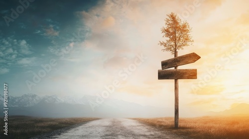 A lone tree stands on a dusty road with two blank signposts pointing in opposite directions, symbolizing choice and opportunity.