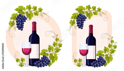 A bottle and glass of red wine and a grape branch with bunches of grapes and leaves. Ornament, pattern, design element. Wine and winemaking concept. Vector vintage pattern for menu and wine labels.