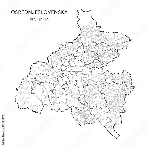 Vector Administrative Map of Central Slovenia Statistical Region Osrednjeslovenska with all Municipalities (Občine), Settlements (Naselja) and Districts of Ljubjana 2024