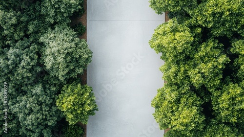 A wide concrete pedestrian pathway is flanked by lush green trees on both sides, creating a serene and inviting walkable space filled with nature and tranquility. photo