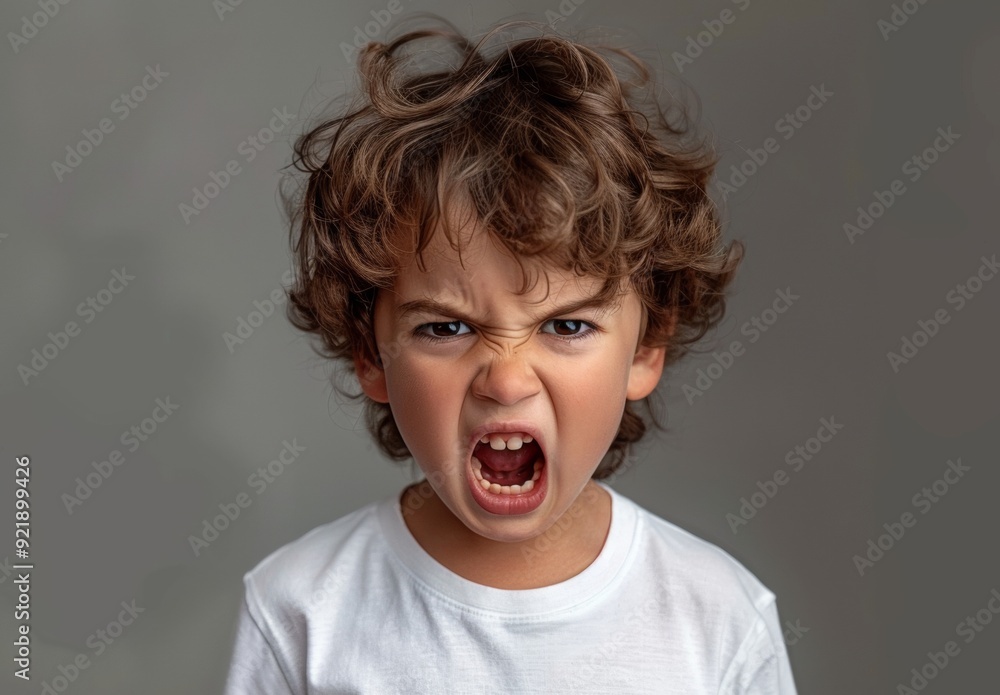 A young boy with messy hair is screaming in a white shirt A young boy with messy hair is screaming in a white shirt