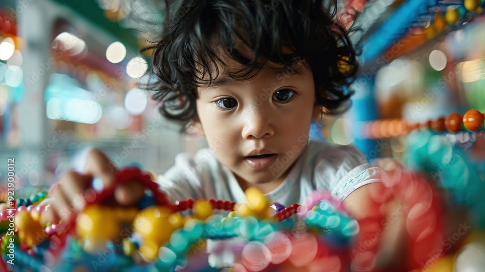 A young child with dark curly hair explores an intricate bead maze toy, representing the wonder and fascination that come with learning and discovery in childhood. A young child with dark curly hair explores an intricate bead maze toy, representing the wonder and fascination that come with learning and discovery in childhood.