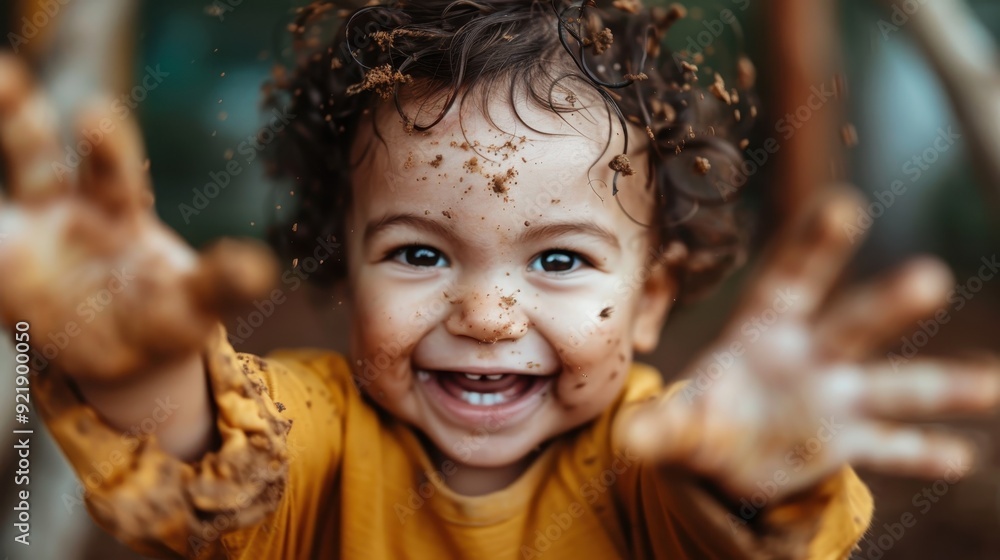 A child with curly hair is covered in mud and laughing joyfully outdoors, highlighting the carefree and spirited nature of childhood play and exploration. A child with curly hair is covered in mud and laughing joyfully outdoors, highlighting the carefree and spirited nature of childhood play and exploration.