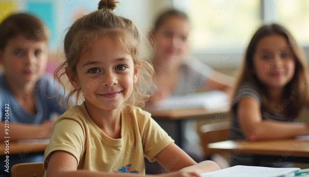 In a bright classroom, an elementary student smiles warmly at their desk, surrounded by engaged classmates in a cozy setting. In a bright classroom, an elementary student smiles warmly at their desk, surrounded by engaged classmates in a cozy setting.