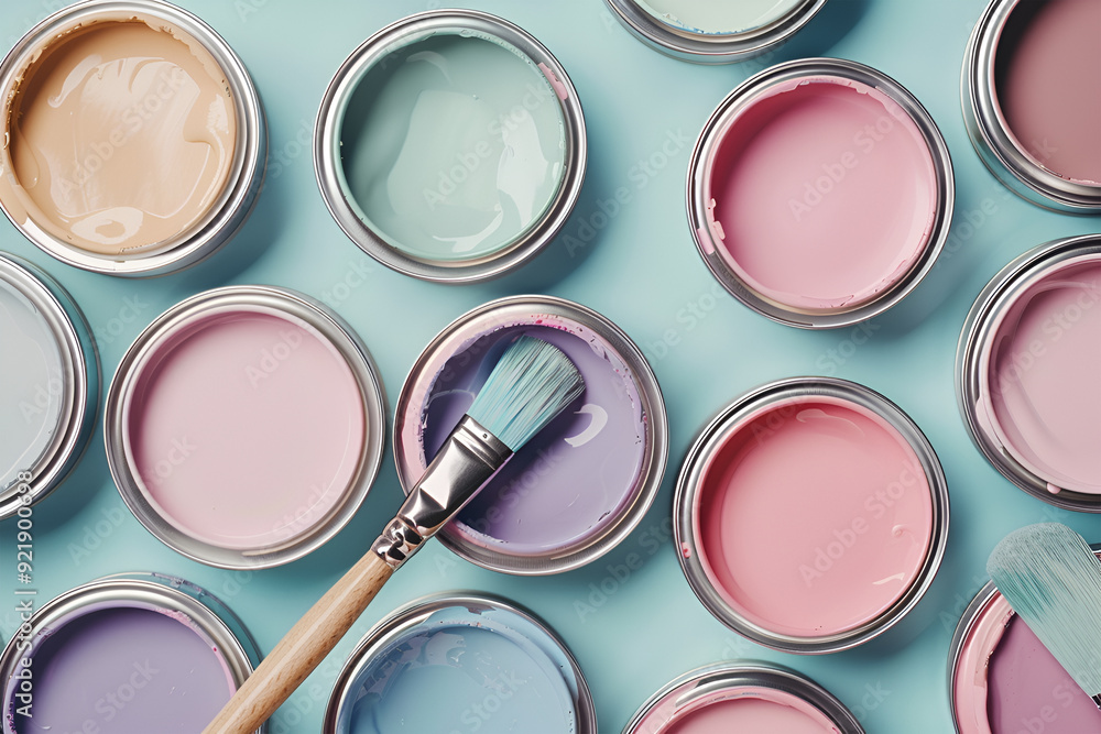 Trendy pastel colors. A paintbrush and a paint jar on a turquoise wooden background. Top view. Flat lay. Trendy pastel colors. A paintbrush and a paint jar on a turquoise wooden background. Top view. Flat lay.
