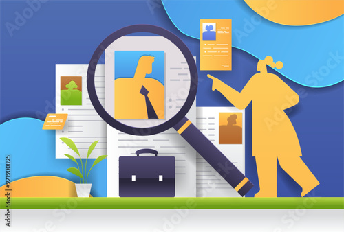 Job recruitment concept magnifying glass resumes silhouettes. Illustration shows magnifying glass over resumes with a person pointing briefcase plant abstract background. Paper cut style